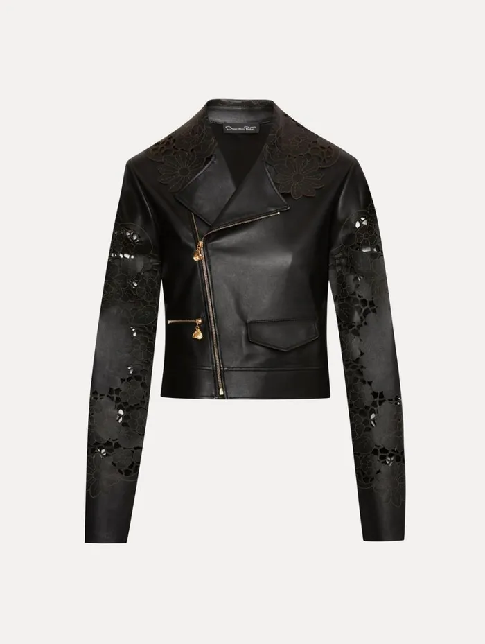 Women Laser Cut Floral Leather Jacket Black Oscar De La Renta Jackets and Coats
