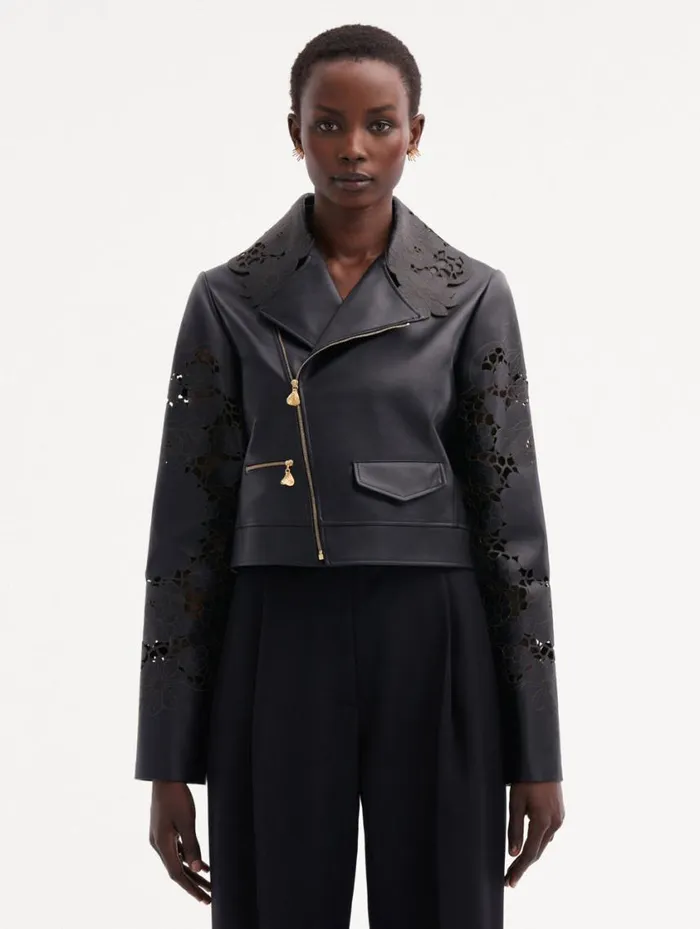Women Laser Cut Floral Leather Jacket Black Oscar De La Renta Jackets and Coats Women Laser Cut Floral Leather Jacket Black Oscar De La Renta Jackets and Coats