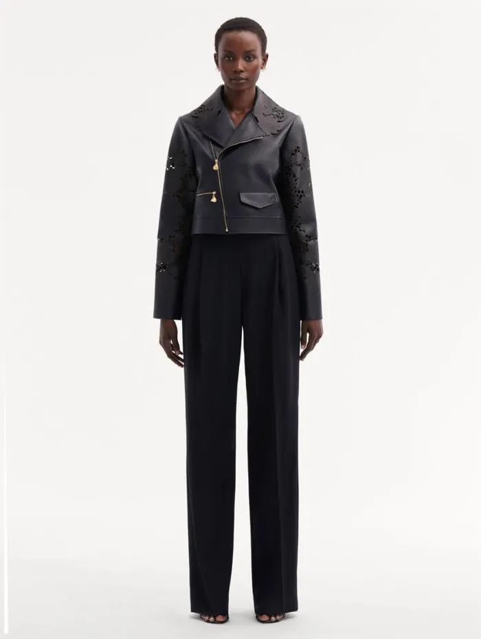 Women Laser Cut Floral Leather Jacket Black Oscar De La Renta Jackets and Coats Women Laser Cut Floral Leather Jacket Black Oscar De La Renta Jackets and Coats