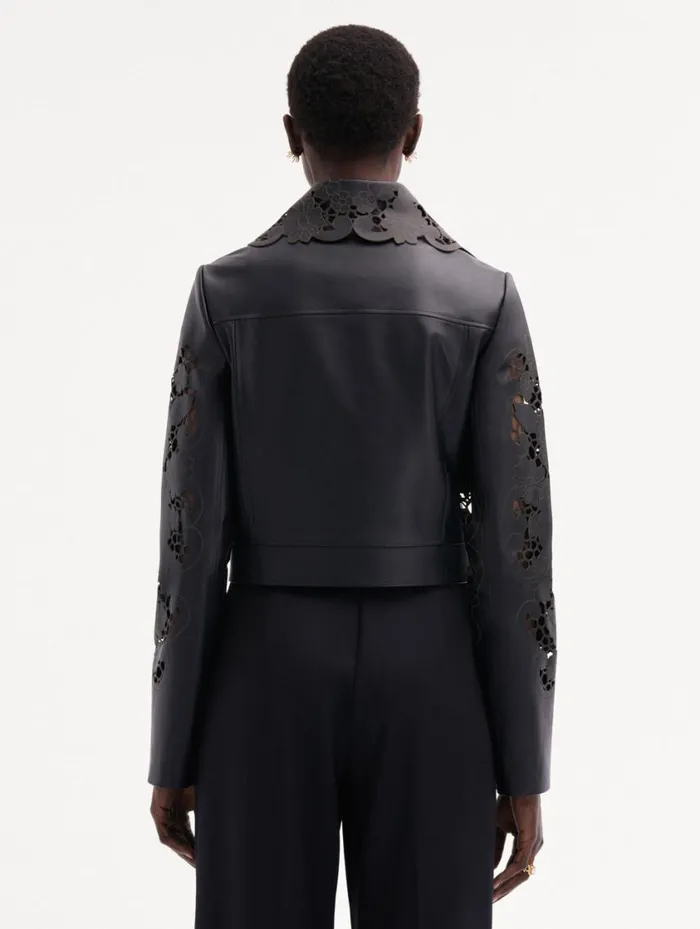 Women Laser Cut Floral Leather Jacket Black Oscar De La Renta Jackets and Coats Women Laser Cut Floral Leather Jacket Black Oscar De La Renta Jackets and Coats