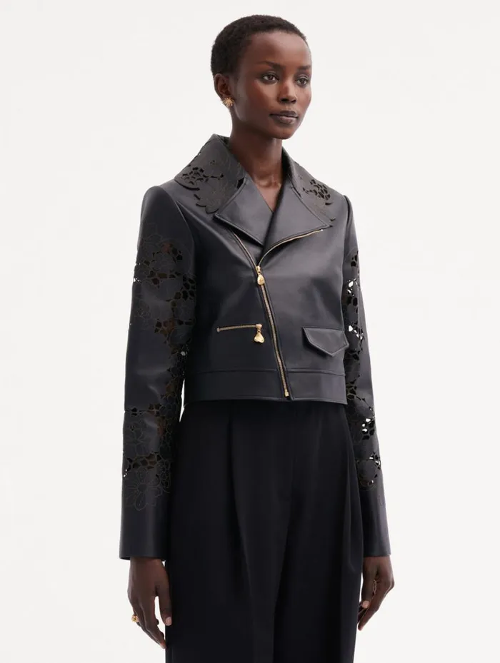 Women Laser Cut Floral Leather Jacket Black Oscar De La Renta Jackets and Coats Women Laser Cut Floral Leather Jacket Black Oscar De La Renta Jackets and Coats