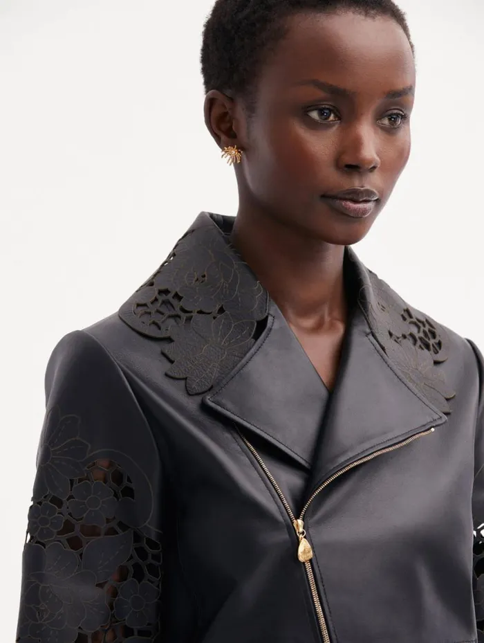 Women Laser Cut Floral Leather Jacket Black Oscar De La Renta Jackets and Coats Women Laser Cut Floral Leather Jacket Black Oscar De La Renta Jackets and Coats