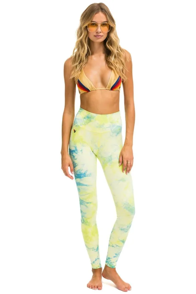 Women Leggings Aviator Nation Hand Dyed Full Length HiRise Leggings 8211 Tie Dye Neon Yellow