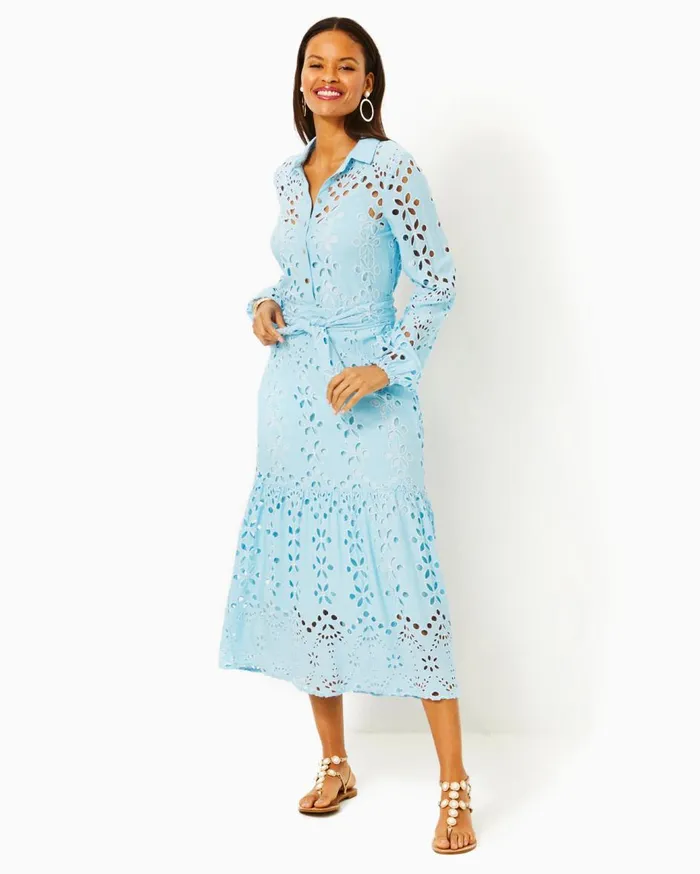 Women Lilly Pulitzer Dresses Zia Eyelet Midi Shirtdress Hydra Blue Soiree Eyelet Women Lilly Pulitzer Dresses Zia Eyelet Midi Shirtdress Hydra Blue Soiree Eyelet