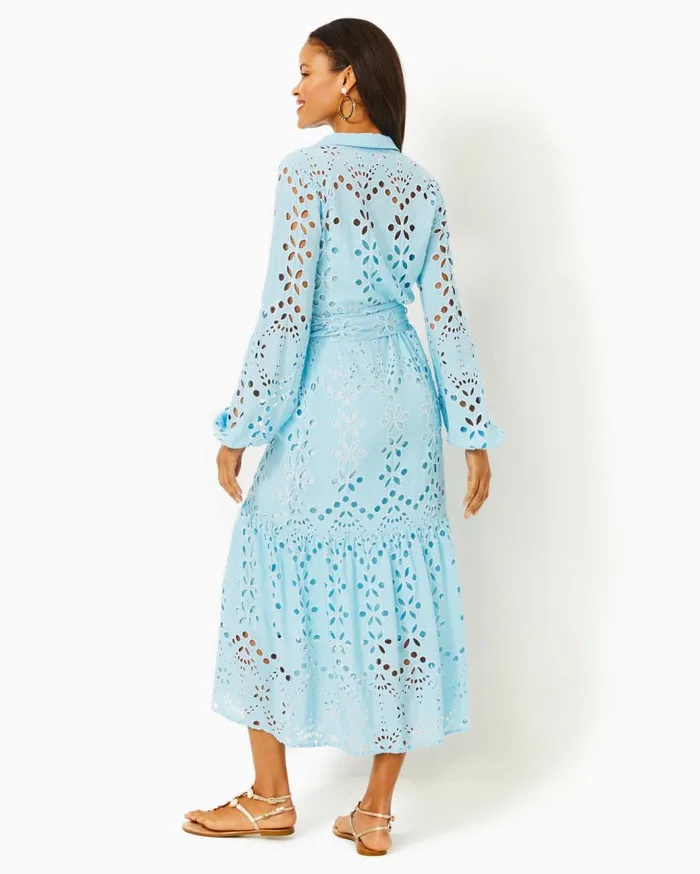 Women Lilly Pulitzer Dresses Zia Eyelet Midi Shirtdress Hydra Blue Soiree Eyelet Women Lilly Pulitzer Dresses Zia Eyelet Midi Shirtdress Hydra Blue Soiree Eyelet