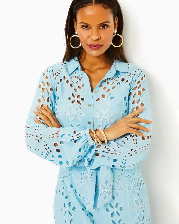Women Lilly Pulitzer Dresses Zia Eyelet Midi Shirtdress Hydra Blue Soiree Eyelet Women Lilly Pulitzer Dresses Zia Eyelet Midi Shirtdress Hydra Blue Soiree Eyelet