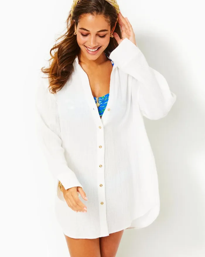 Women Lilly Pulitzer Swim Kwitney Long Sleeve Cotton CoverUp Resort White