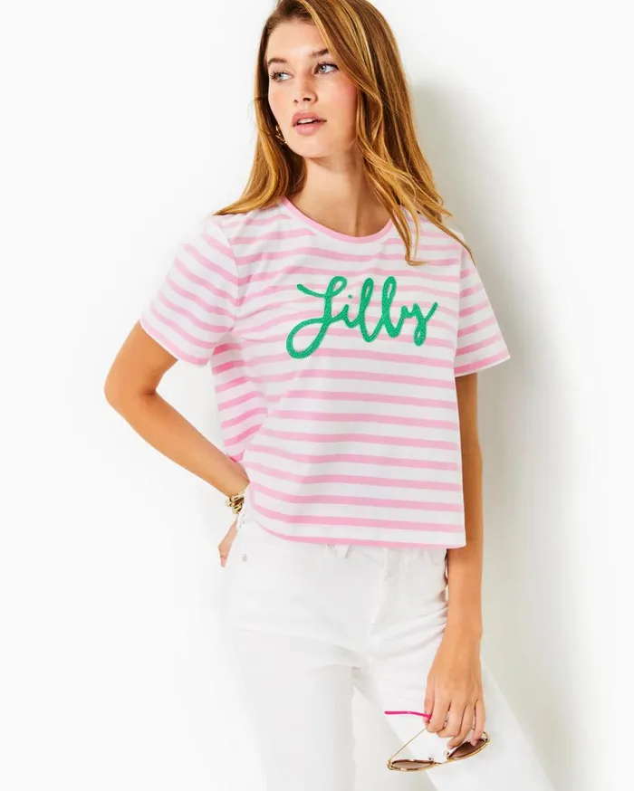 Women Lilly Pulitzer Tops Keenan Cropped Cotton Top Conch Shell Pink Striped Lilly Pulitzer Embellished Top Women Lilly Pulitzer Tops Keenan Cropped Cotton Top Conch Shell Pink Striped Lilly Pulitzer Embellished Top