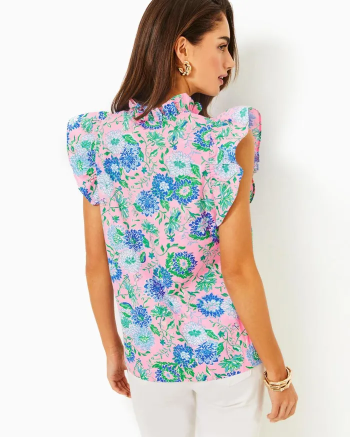 Women Lilly Pulitzer Tops Klaudie Ruffle Sleeve Top Lunar Blue Women Lilly Pulitzer Tops Klaudie Ruffle Sleeve Top Lunar Blue