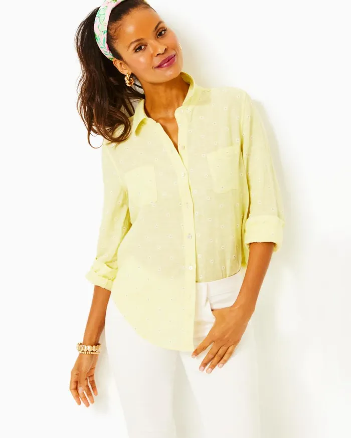 Women Lilly Pulitzer Tops Sea View Linen Button Down Top Resort White
