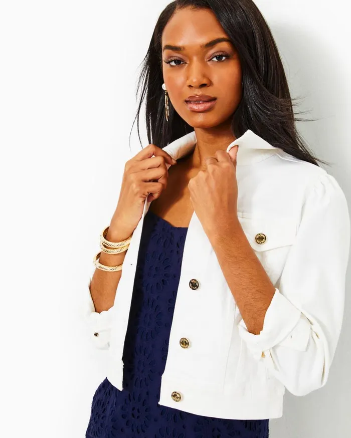 Women Lilly Pulitzer Tops Seaspray Denim Jacket Resort White