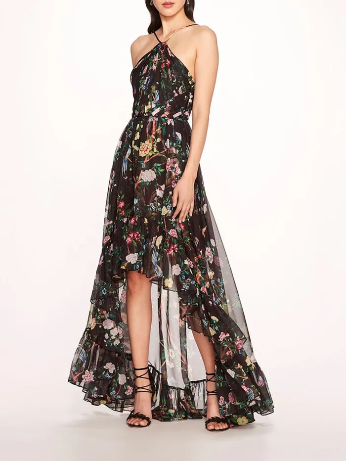 Women Marchesa Dresses Flowering Halter HighLow Gown Black Multi