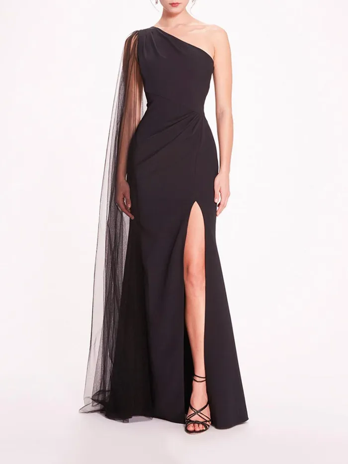 Women Marchesa Dresses One Shoulder Cape Gown Black