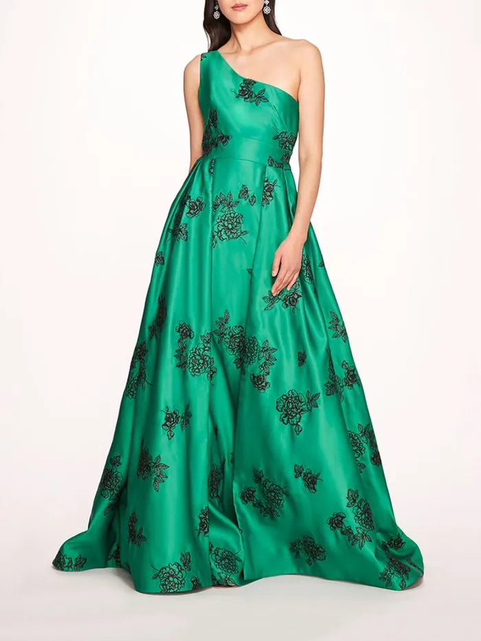 Women Marchesa Dresses One Shoulder Marigold Ball Gown Emerald Multi
