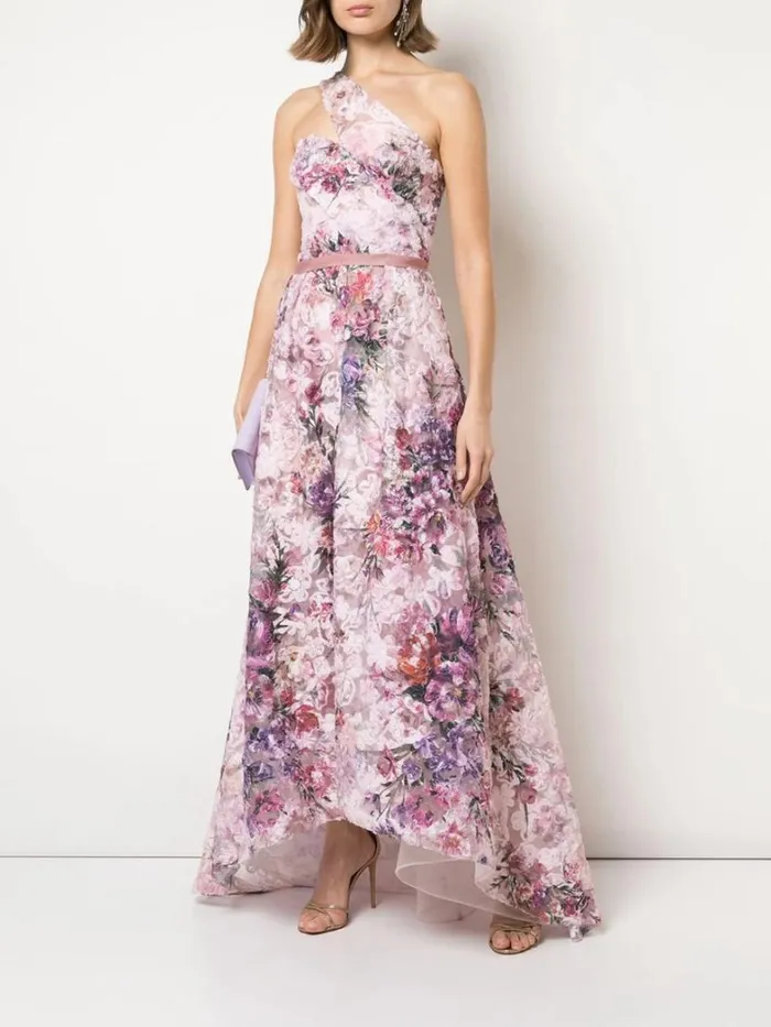 Women Marchesa Dresses OneShoulder Pleated Soutache HiLow Gown Blush