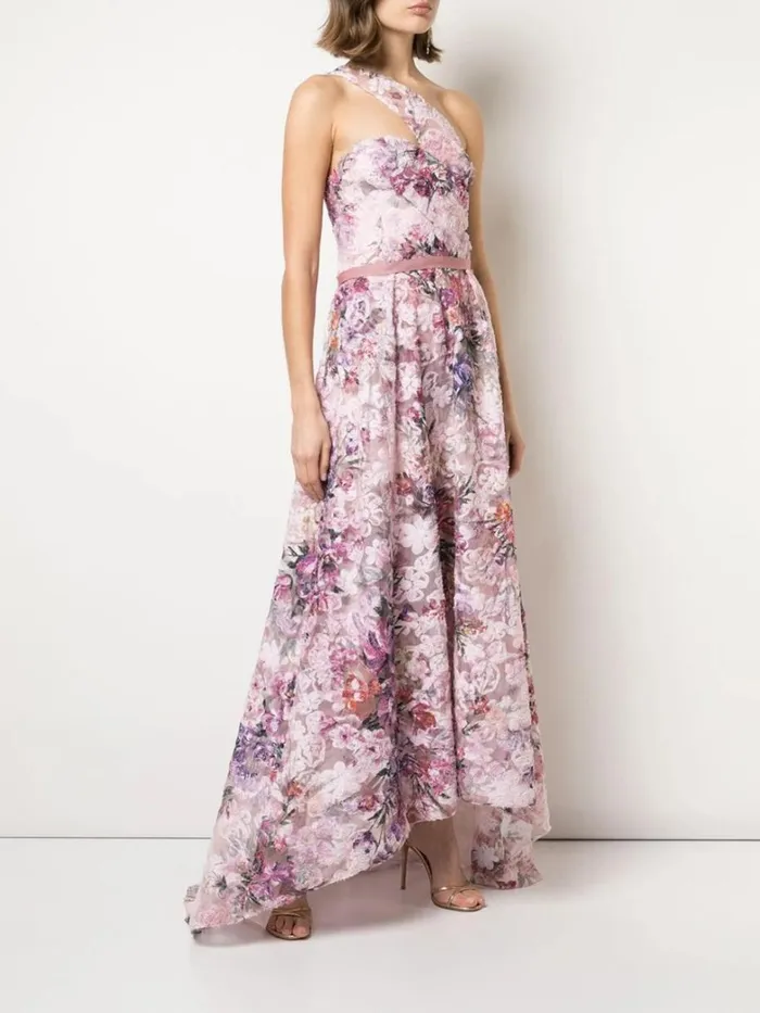 Women Marchesa Dresses OneShoulder Pleated Soutache HiLow Gown Blush