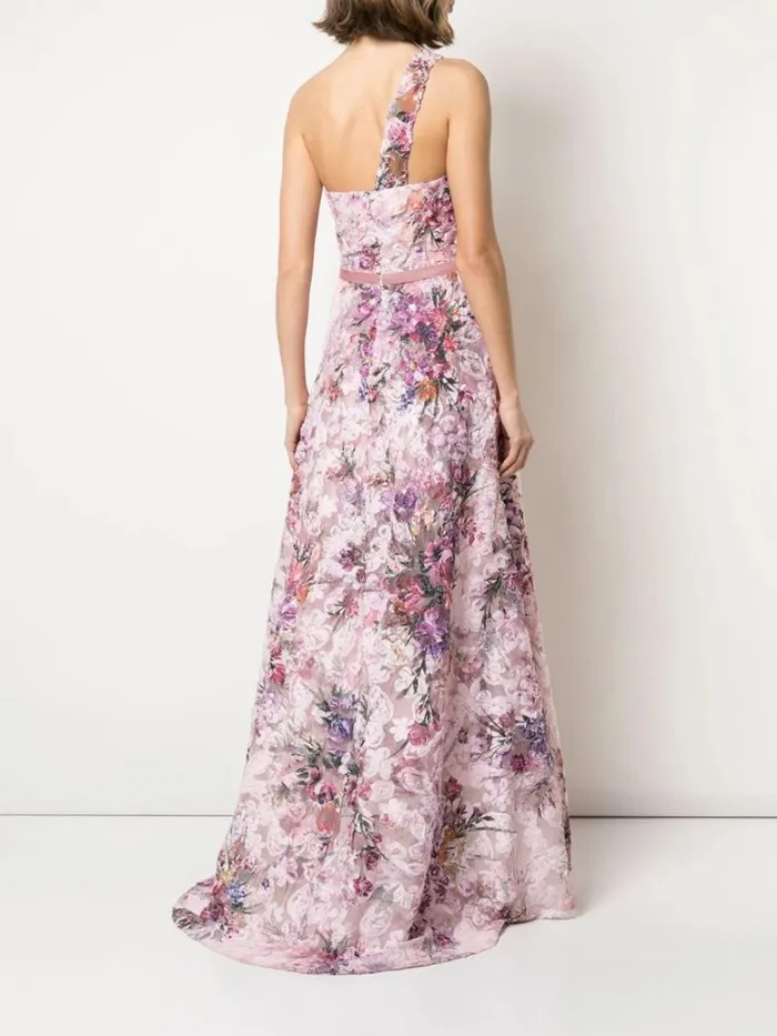 Women Marchesa Dresses OneShoulder Pleated Soutache HiLow Gown Blush