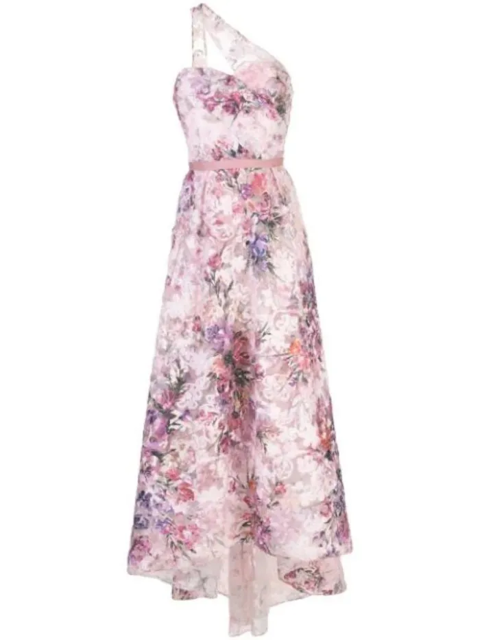 Women Marchesa Dresses OneShoulder Pleated Soutache HiLow Gown Blush