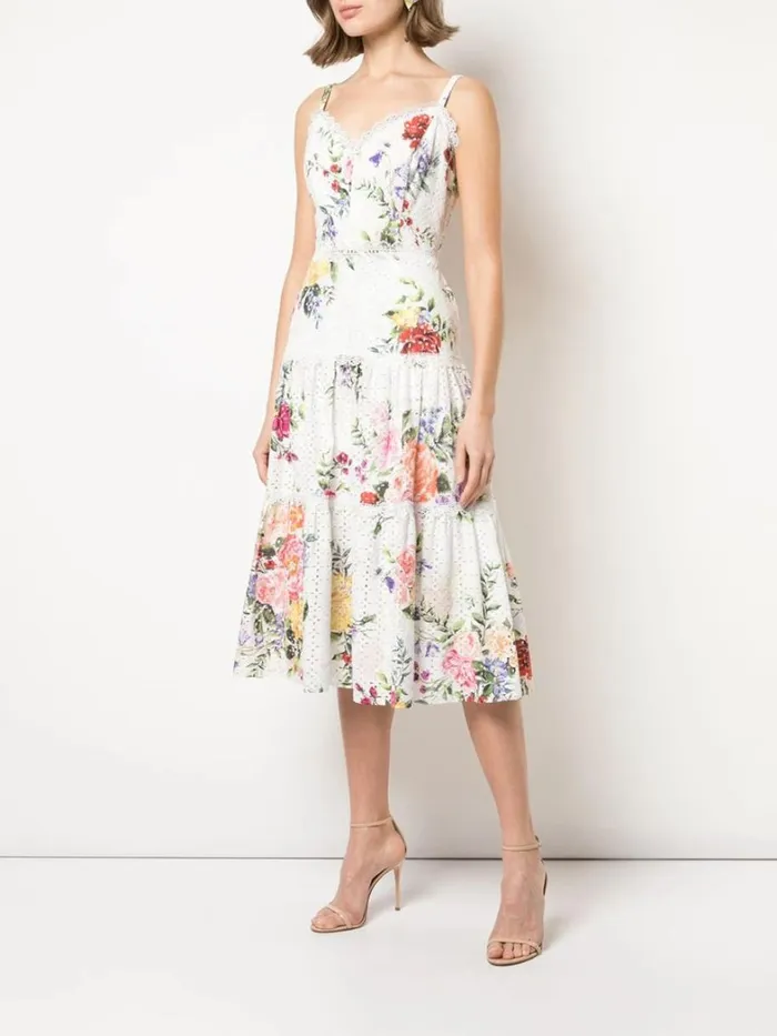Women Marchesa Dresses Printed Sleeveless Eyelet Midi Ivory Multi