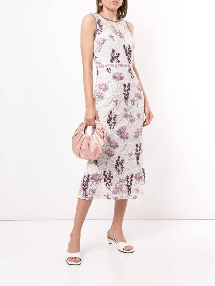 Women Marchesa Dresses Sleeveless Floral Guipure Dress Ivory Lilac