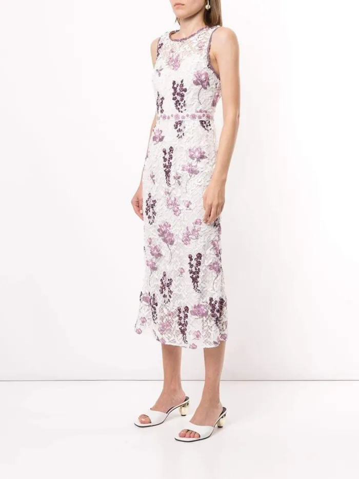 Women Marchesa Dresses Sleeveless Floral Guipure Dress Ivory Lilac
