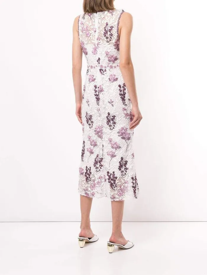 Women Marchesa Dresses Sleeveless Floral Guipure Dress Ivory Lilac