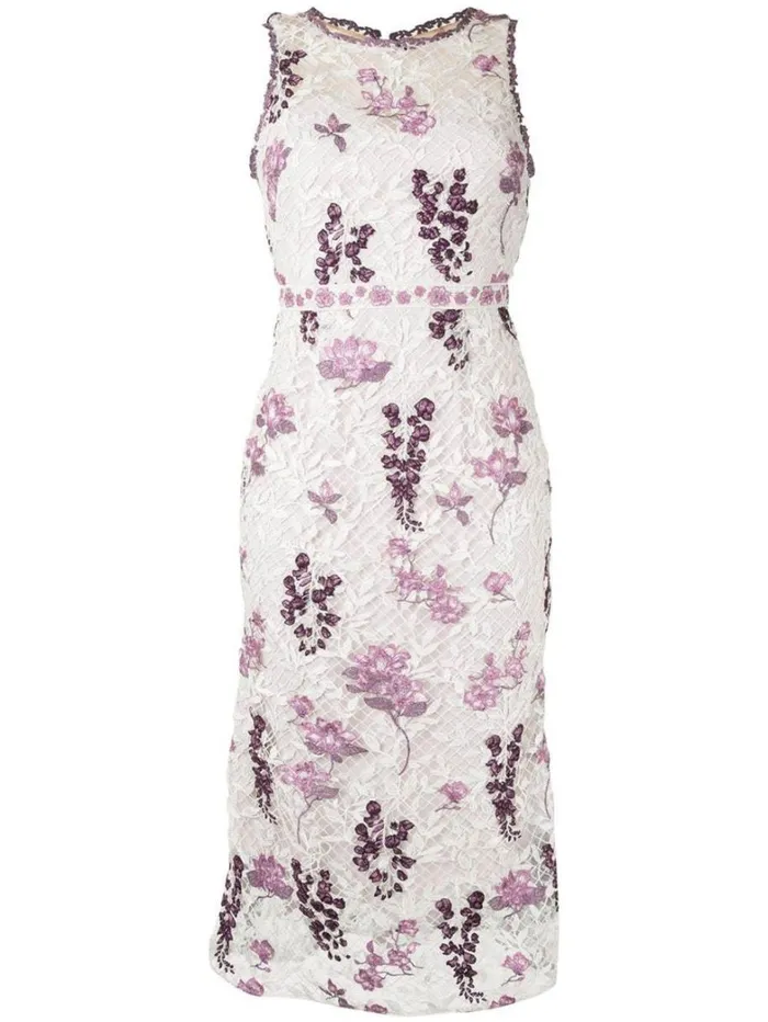 Women Marchesa Dresses Sleeveless Floral Guipure Dress Ivory Lilac