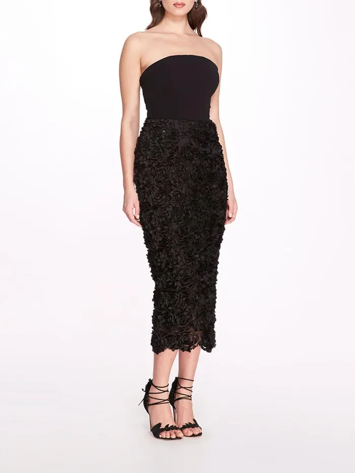 Women Marchesa Dresses Strapless TeaLength Rosette Pencil Dress Black