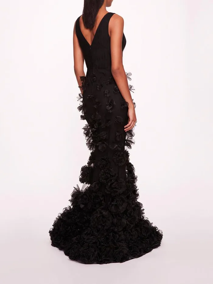 Women Marchesa Dresses Tulle Rosette Gown Black Women Marchesa Dresses Tulle Rosette Gown Black