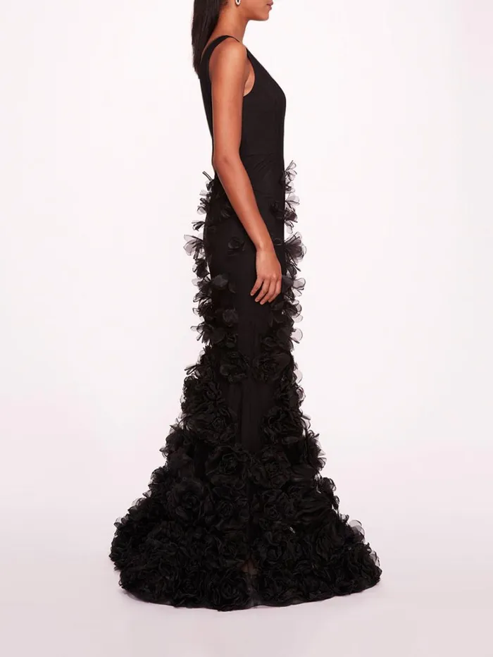 Women Marchesa Dresses Tulle Rosette Gown Black Women Marchesa Dresses Tulle Rosette Gown Black