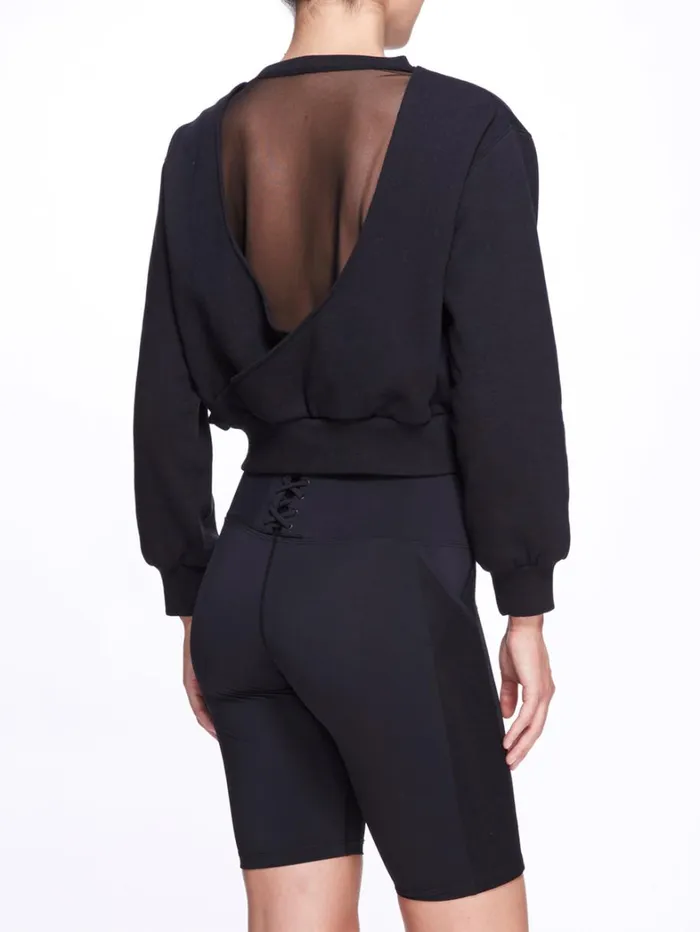 Women Marchesa Tops Women039s Black Crew Neck Cropped Sweatshirt With Mesh Cutout Back Black Women Marchesa Tops Women039s Black Crew Neck Cropped Sweatshirt With Mesh Cutout Back Black