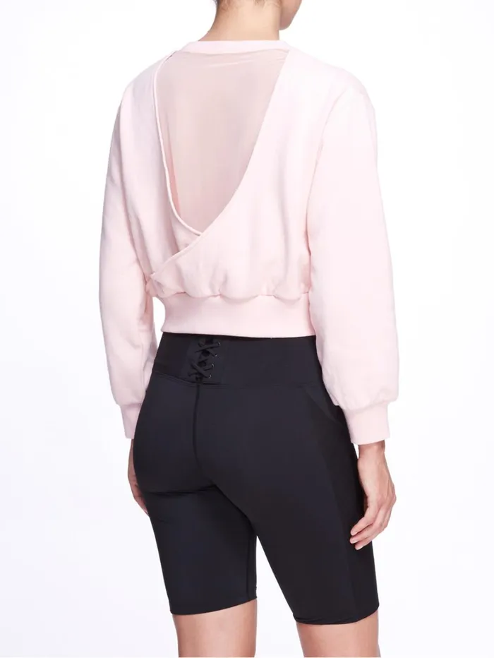 Women Marchesa Tops Women039s Blush Pink Crew Neck Cropped Sweatshirt With Mesh Cutout Back Blush