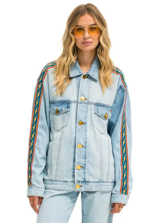 WomenMen Denim Aviator Nation Bolt Stripe Oversized Concert Denim Jacket 8211 Super Light