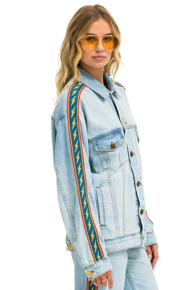 WomenMen Denim Aviator Nation Bolt Stripe Oversized Concert Denim Jacket 8211 Super Light