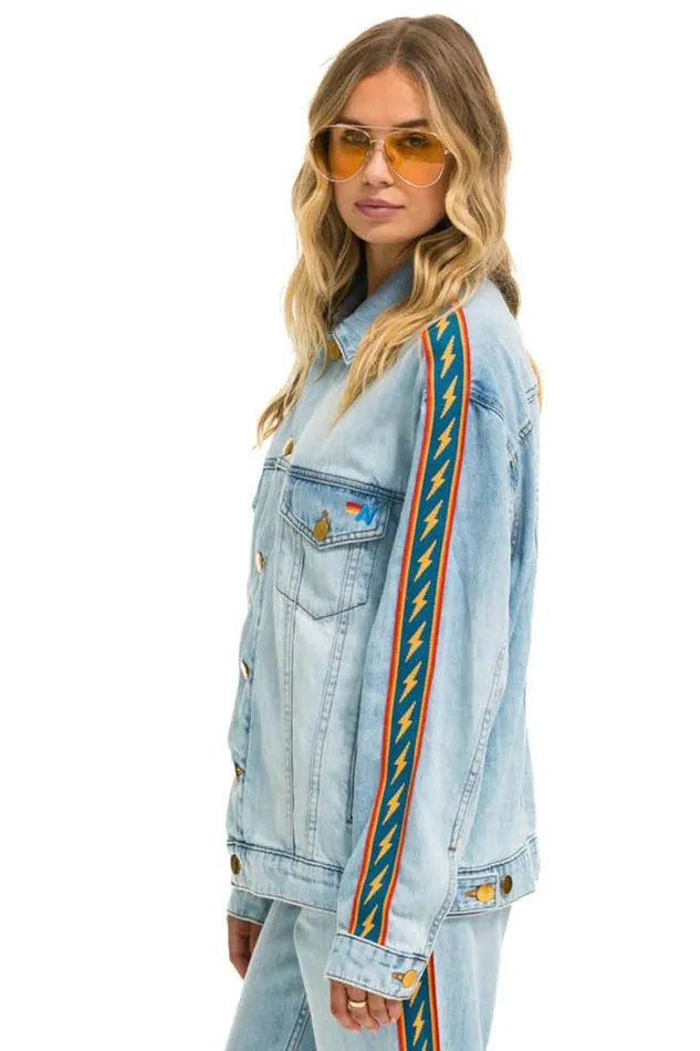 WomenMen Denim Aviator Nation Bolt Stripe Oversized Concert Denim Jacket 8211 Super Light
