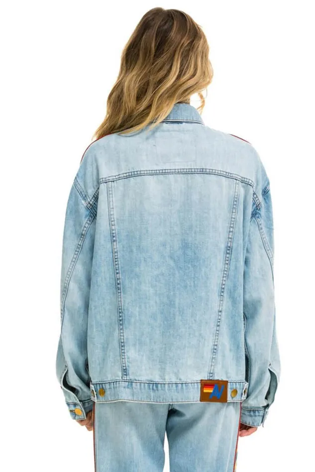 WomenMen Denim Aviator Nation Bolt Stripe Oversized Concert Denim Jacket 8211 Super Light