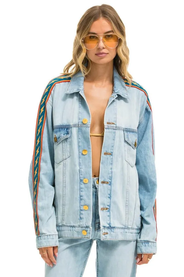 WomenMen Denim Aviator Nation Bolt Stripe Oversized Concert Denim Jacket 8211 Super Light