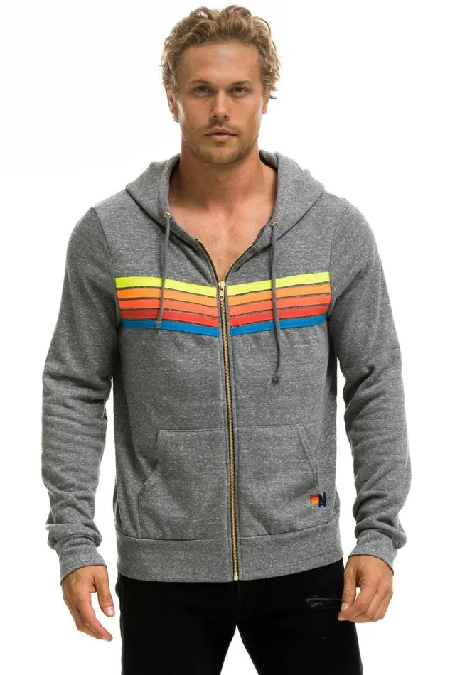 WomenMen Hoodies Aviator Nation 5 Stripe Hoodie 8211 Heather Grey Neon Rainbow