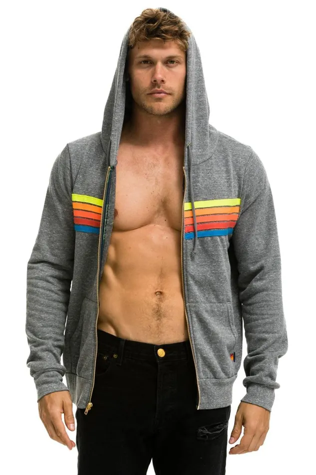 WomenMen Hoodies Aviator Nation 5 Stripe Hoodie 8211 Heather Grey Neon Rainbow