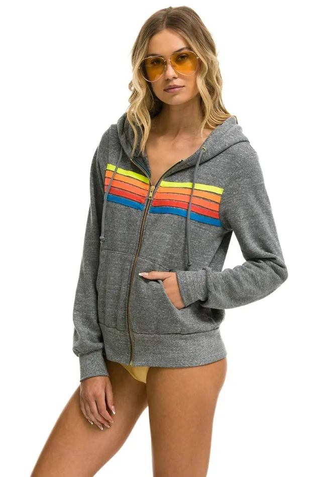 WomenMen Hoodies Aviator Nation 5 Stripe Hoodie 8211 Heather Grey Neon Rainbow