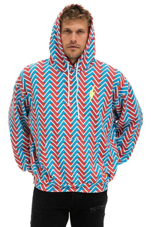 WomenMen Hoodies Aviator Nation Geo Zig Bolt Embroidery Relaxed Pullover Hoodie 8211 Red Blue