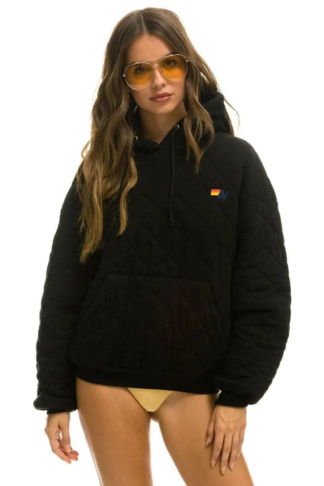 WomenMen Hoodies Aviator Nation Quilted Relaxed Pullover Hoodie 8211 Black