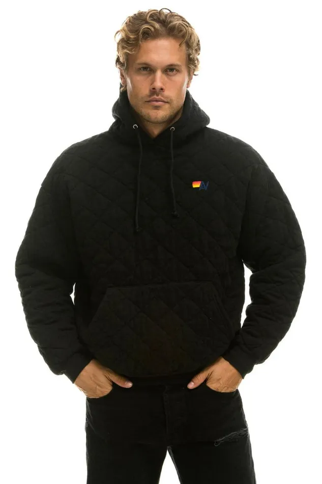 WomenMen Hoodies Aviator Nation Quilted Relaxed Pullover Hoodie 8211 Black