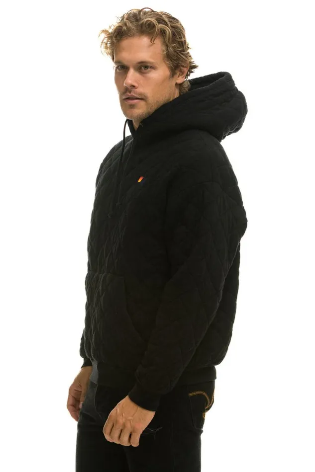 WomenMen Hoodies Aviator Nation Quilted Relaxed Pullover Hoodie 8211 Black