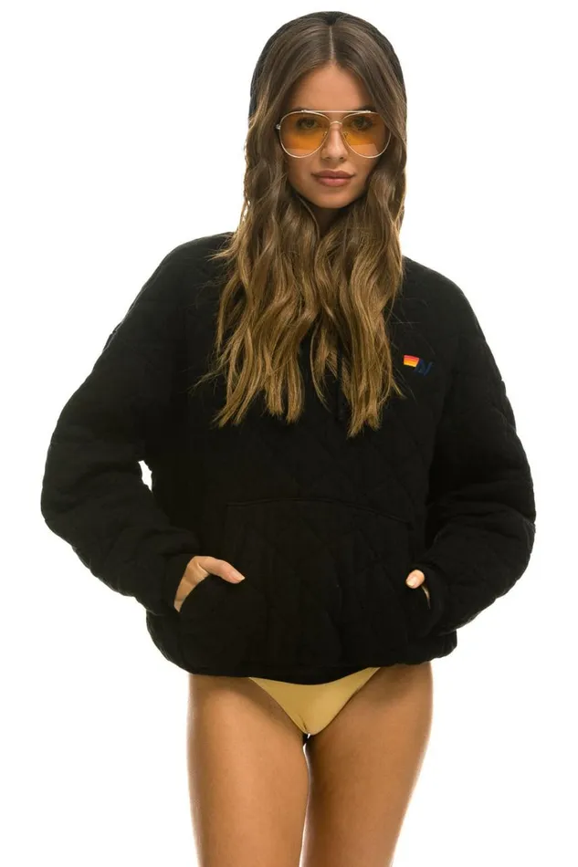 WomenMen Hoodies Aviator Nation Quilted Relaxed Pullover Hoodie 8211 Black