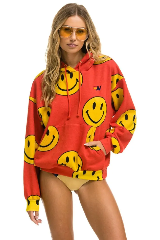 WomenMen Hoodies Aviator Nation Smiley Repeat Relaxed Pullover Hoodie 8211 Red