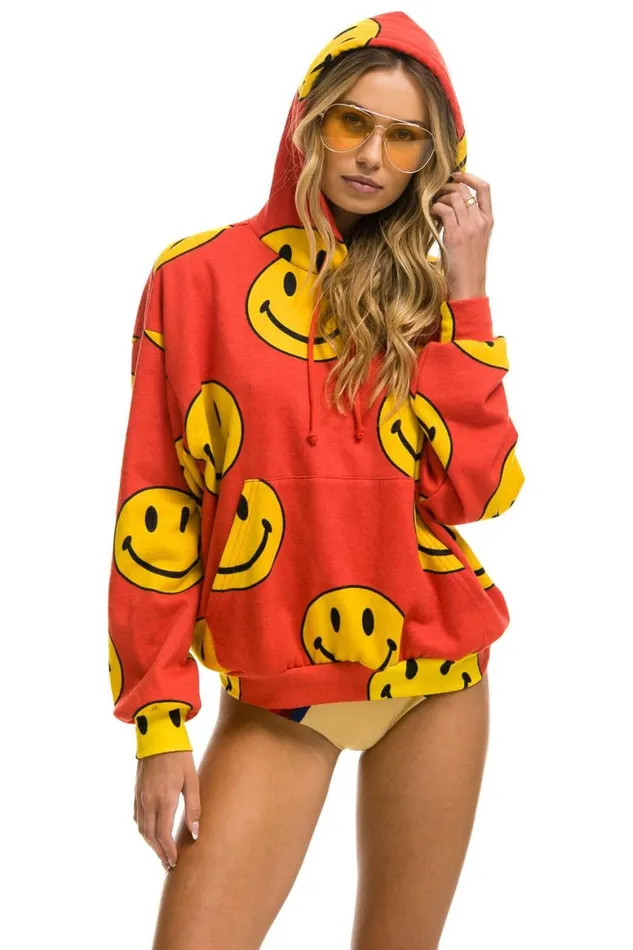 WomenMen Hoodies Aviator Nation Smiley Repeat Relaxed Pullover Hoodie 8211 Red