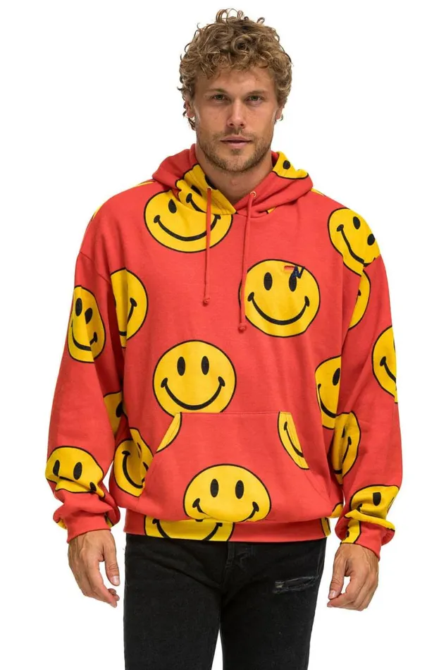 WomenMen Hoodies Aviator Nation Smiley Repeat Relaxed Pullover Hoodie 8211 Red