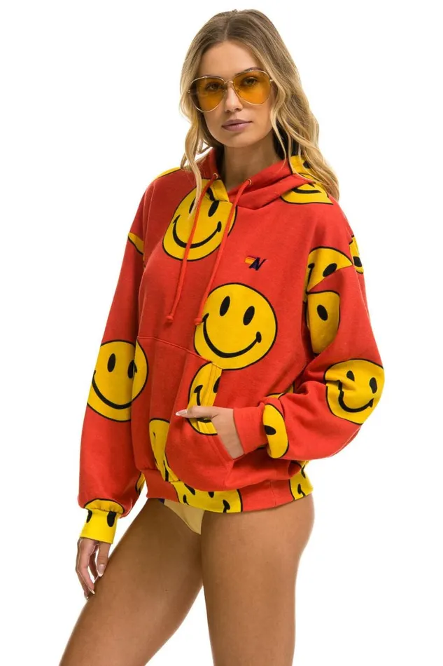 WomenMen Hoodies Aviator Nation Smiley Repeat Relaxed Pullover Hoodie 8211 Red