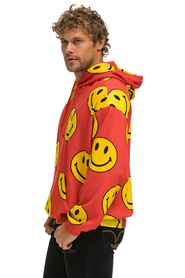 WomenMen Hoodies Aviator Nation Smiley Repeat Relaxed Pullover Hoodie 8211 Red